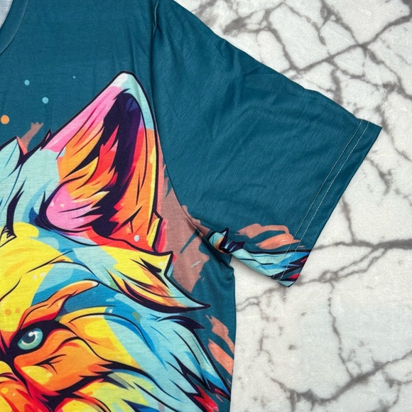 WOLF T-Shirt Men's L Blue Green Neon Wolf Head Front & Back Pink Yellow Otange - Picture 8 of 11